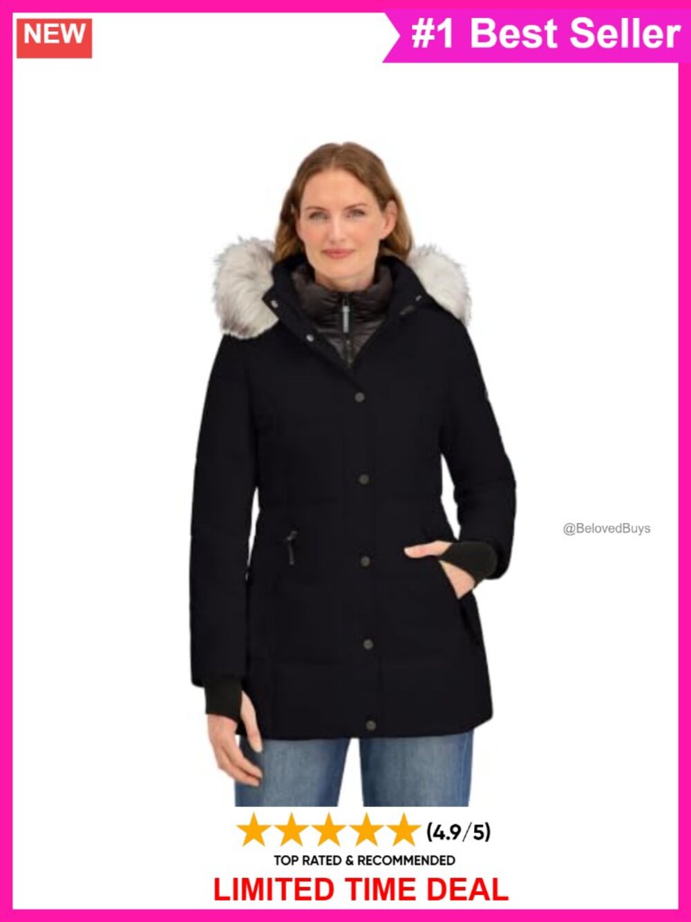 Belted ¾ Length Puffer Jacket Faux Fur Hood Water Wind Resistant